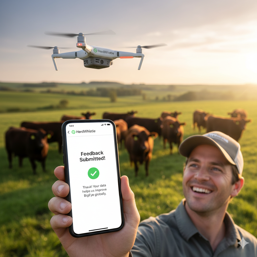 Man holding a smartphone with a 'Feedback Submitted!' message from HerdWhistle app, with a drone flying above and cows in a green pasture at sunset.