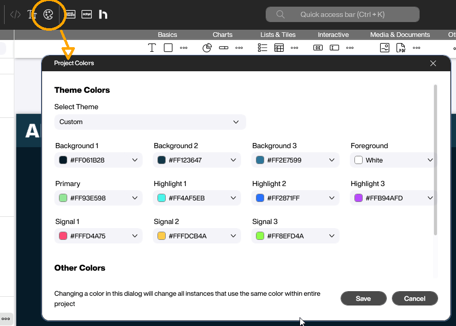 Screenshot des Peakboard Designers mit geöffneter Farbverwaltung. In der Ansicht 'Project Colors' sind individuell definierte Theme Colors wie Background, Primary, Signal und Highlight zu sehen. Farbwerte sind im HEX-Format angegeben. Die Benutzeroberfläche zeigt ein helles Theme mit farblich angepassten Elementen gemäß Corporate Design-Vorgaben..