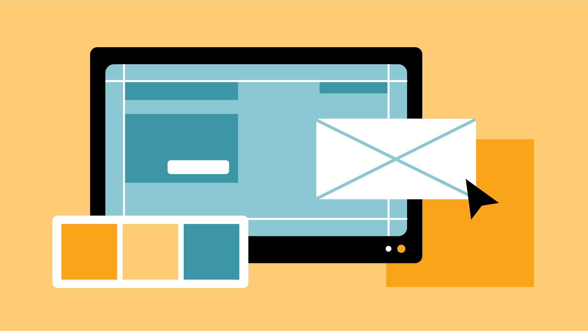 Eine Illustration einer Grafik, die einen Monitor zeigt und die wesentlichen Bestandteile eines Baukastenmodells darstellt.