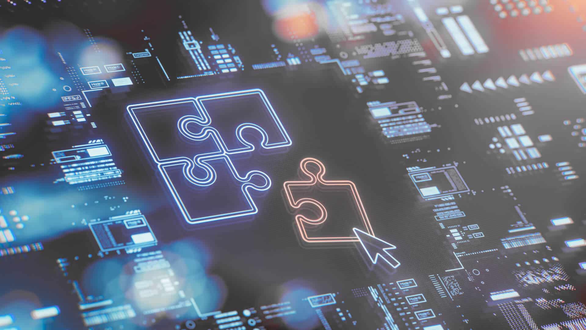 Illustration einer Drag-and-Drop-Oberfläche auf Laptop mit App- und Code-Symbolen