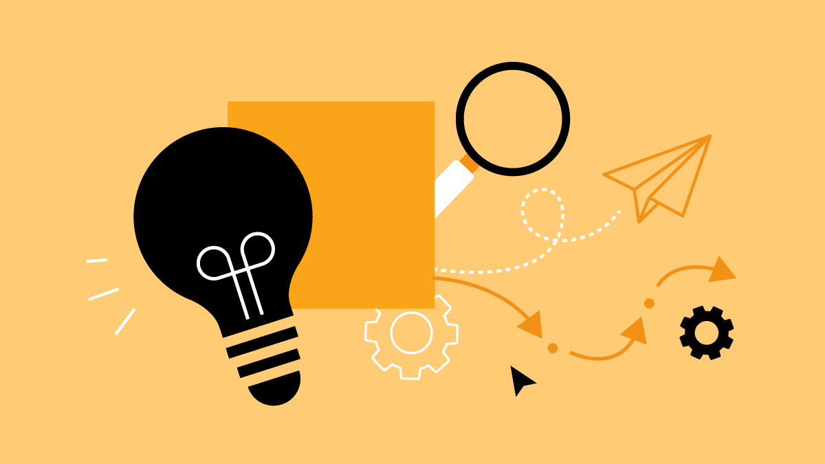 Colourful illustration representing the design thinking process, showing icons, sticky notes and hand-drawn sketches suggesting ideation and prototyping