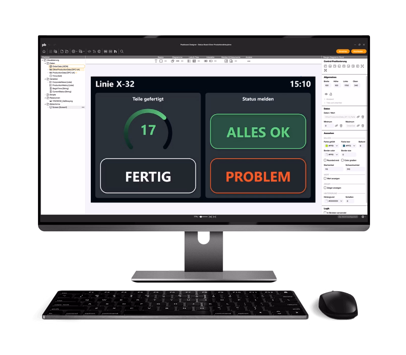 Design eines interaktiven Arbeitsplatz-Statusboards mit Anzeige der produzierten Teile und Schaltflächen zur Statusmeldung ("Alles OK" oder "Problem").
