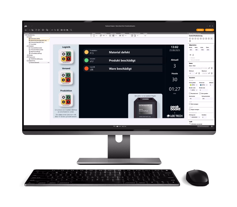 Interaktive Anzeige zur Statusmeldung von Produktion, Versand und Logistik, mit Warnanzeigen und Countdown für Aufgabenbearbeitung.