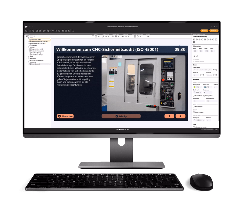 Peakboard Designer mit Audit-Anwendung zur Konfiguration von Checklisten, Formularfeldern und Prüfstatus im Editor