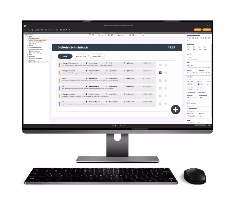 Tablet mit digitalem Schichtbuch auf Bildschirm, Einträge und Schichtinformationen sichtbar