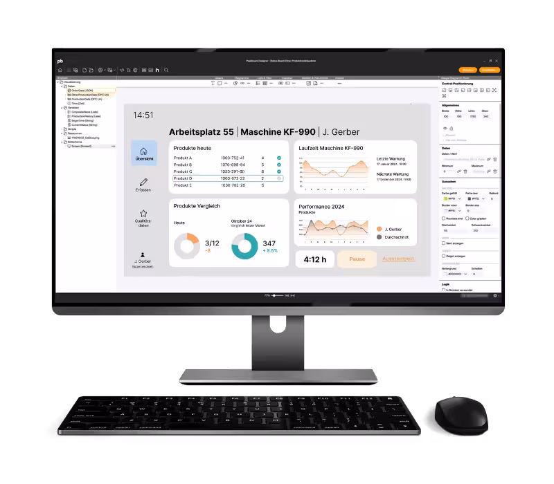 Overview production dashboard displaying key performance indicators, charts and shift data

Interactive production dashboard with real-time machine status, KPIs and visual analytics