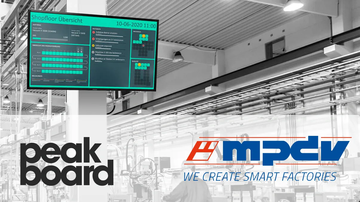Production hall with large display for shop floor visualization via Peakboard, combined with MPDV MIP — including Peakboard and MPDV logos with the slogan “We create smart factories”.