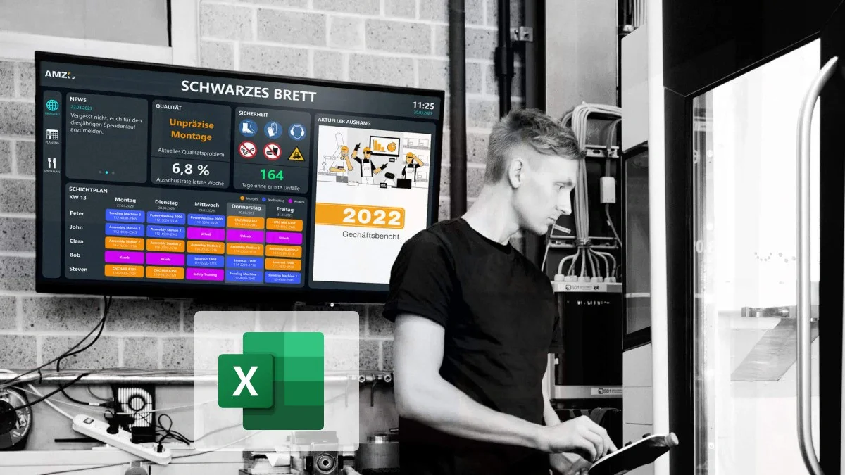 An employee in production in front of a digital dashboard created with Peakboard from Excel data — clearly, dynamically and updated in real time.