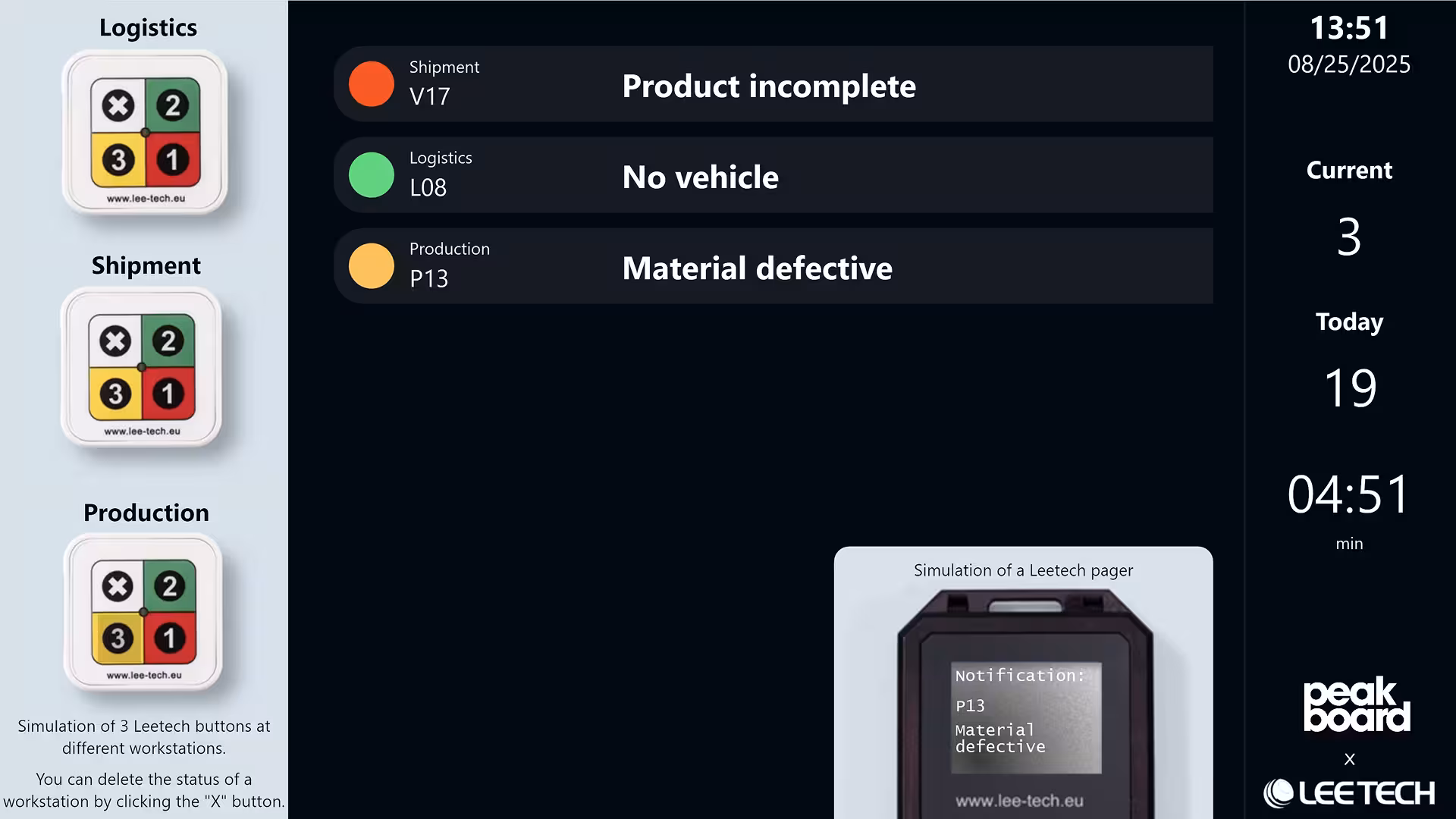 Digital call system touchscreen mounted on wall with pendant pager and status indicator lights