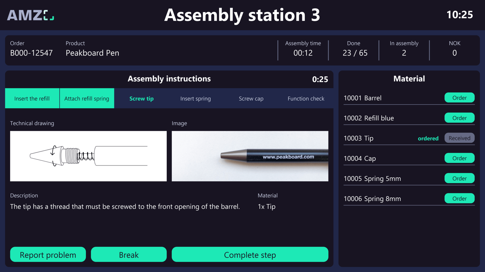 Assembly instructions board with step-by-step diagrams and parts list (English)