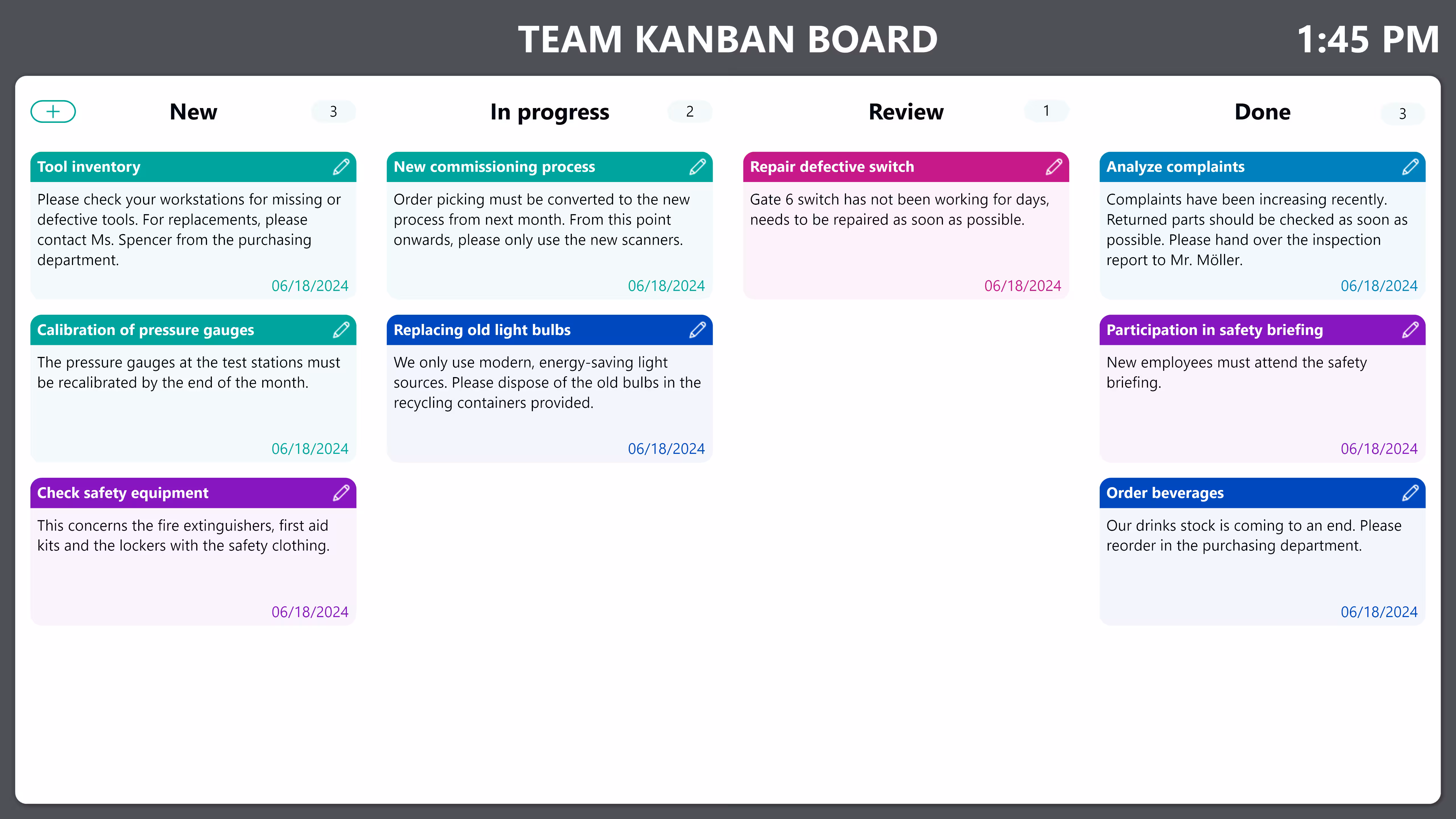 Interactive digital Kanban board showing colored task cards in columns on a laptop screen