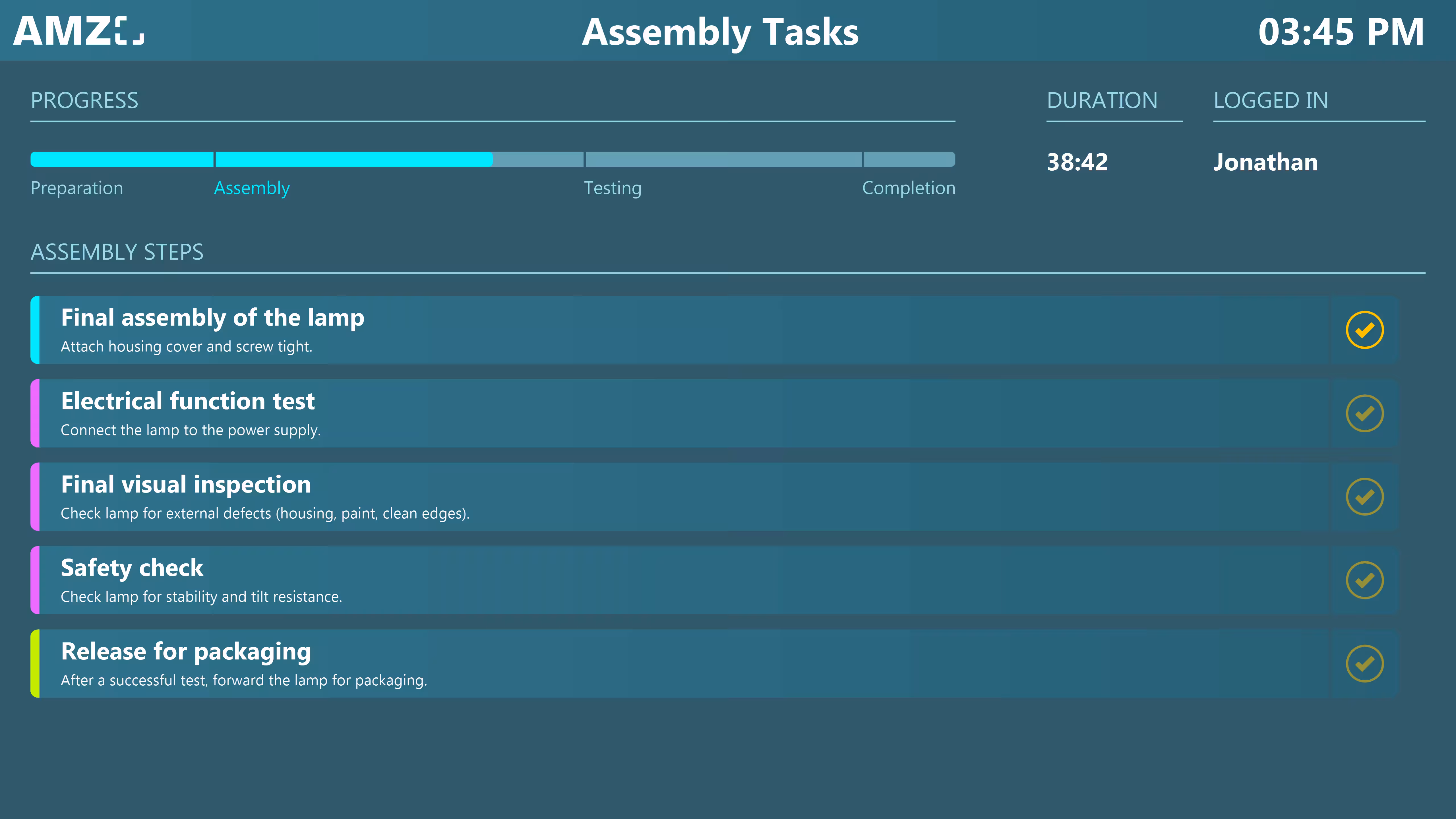 Tablet showing an assembly task list with checklist items and step details