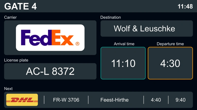 Forklift loading stacked pallets into a box truck at a warehouse loading dock.