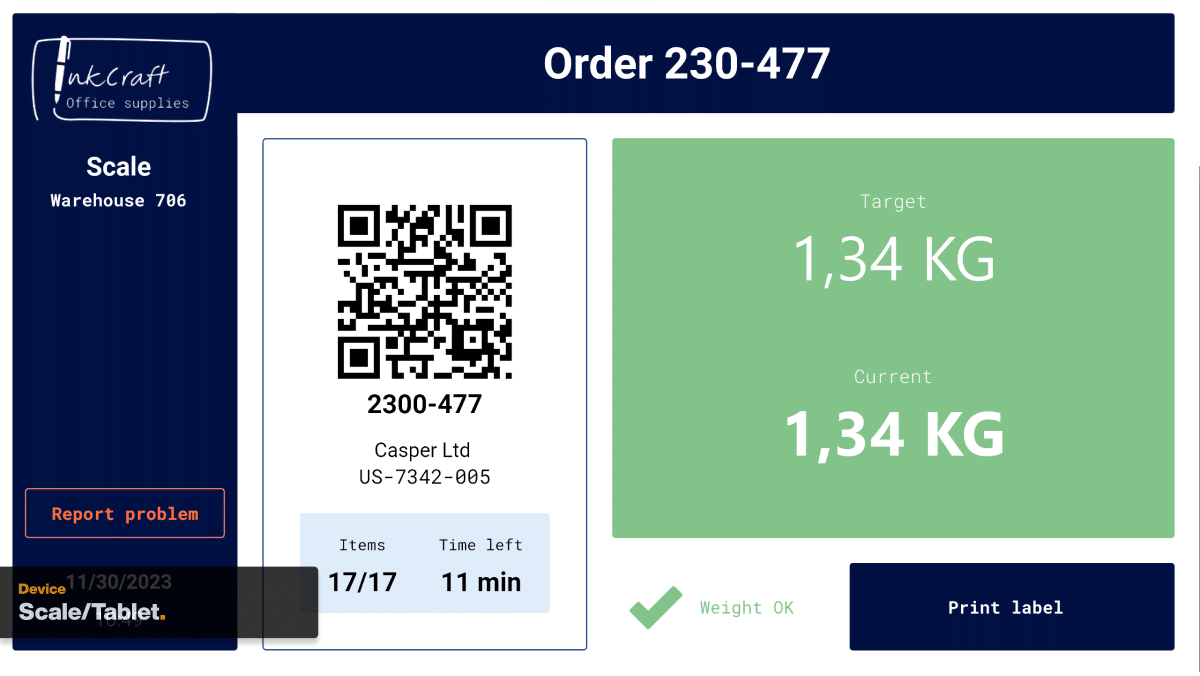 Weighing scale icon with a green tick indicating weighing complete
Warehouse picker using a tablet to scan parcels for paperless order picking