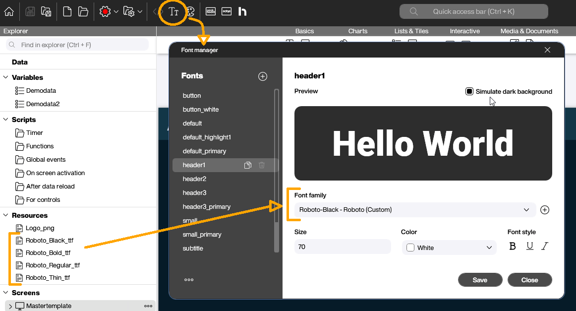 Screenshot des Font Managers im Peakboard Designer zur Definition von Schriftarten im Projekt. Links die Projektressourcen mit eingebundenen TTF-Dateien wie Roboto_Black und Roboto_Bold. Rechts der geöffnete Vorschau-Dialog für die Schriftart 'header1' mit dem Text 'Hello World' in weißer Farbe auf dunklem Hintergrund. Auswahl der benutzerdefinierten Schriftart 'Roboto-Black – Roboto (Custom)' für Corporate Design-Anpassungen.