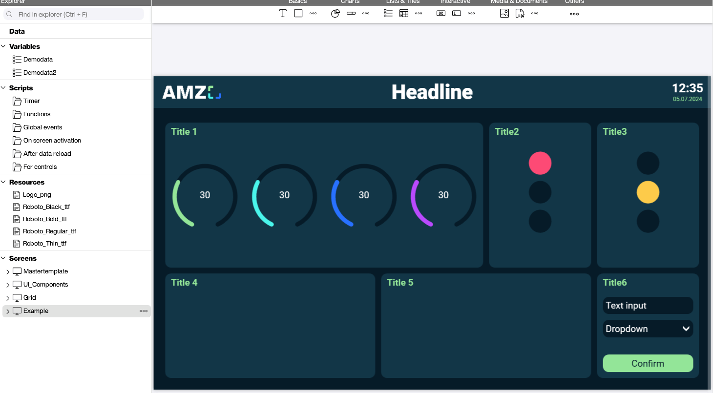 Peakboard-Dashboard mit Kopfzeile, Uhrzeit, Kreisdiagrammen, Ampelindikatoren, Texteingabe und Dropdown. Anordnung der UI-Elemente im vordefinierten Raster-Layout.