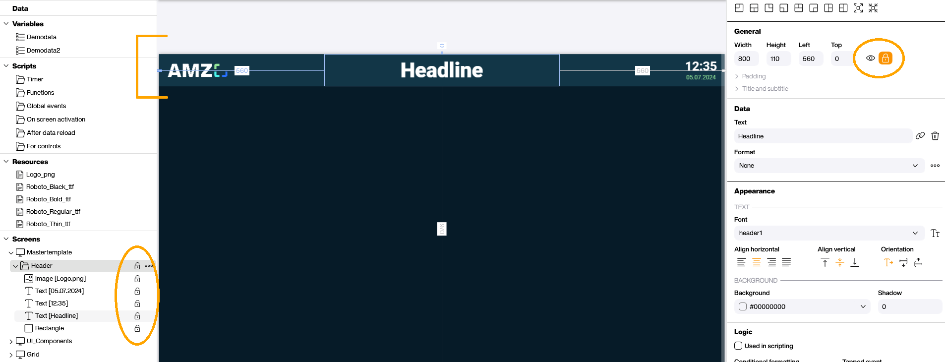 Screenshot aus dem Peakboard Designer zur Erstellung eines Masterbildschirms. Darstellung eines Templates mit Kopfzeile, Logo, Uhrzeit, Datum und Überschrift 'Headline'. Auf der linken Seite sind die Projektstrukturen mit Scripts, Ressourcen und dem Mastertemplate sichtbar. Rechts werden Eigenschaften des ausgewählten Textelements angezeigt. Mehrere Steuerelemente sind durch ein Schloss-Symbol gesperrt, um versehentliche Änderungen zu verhindern
