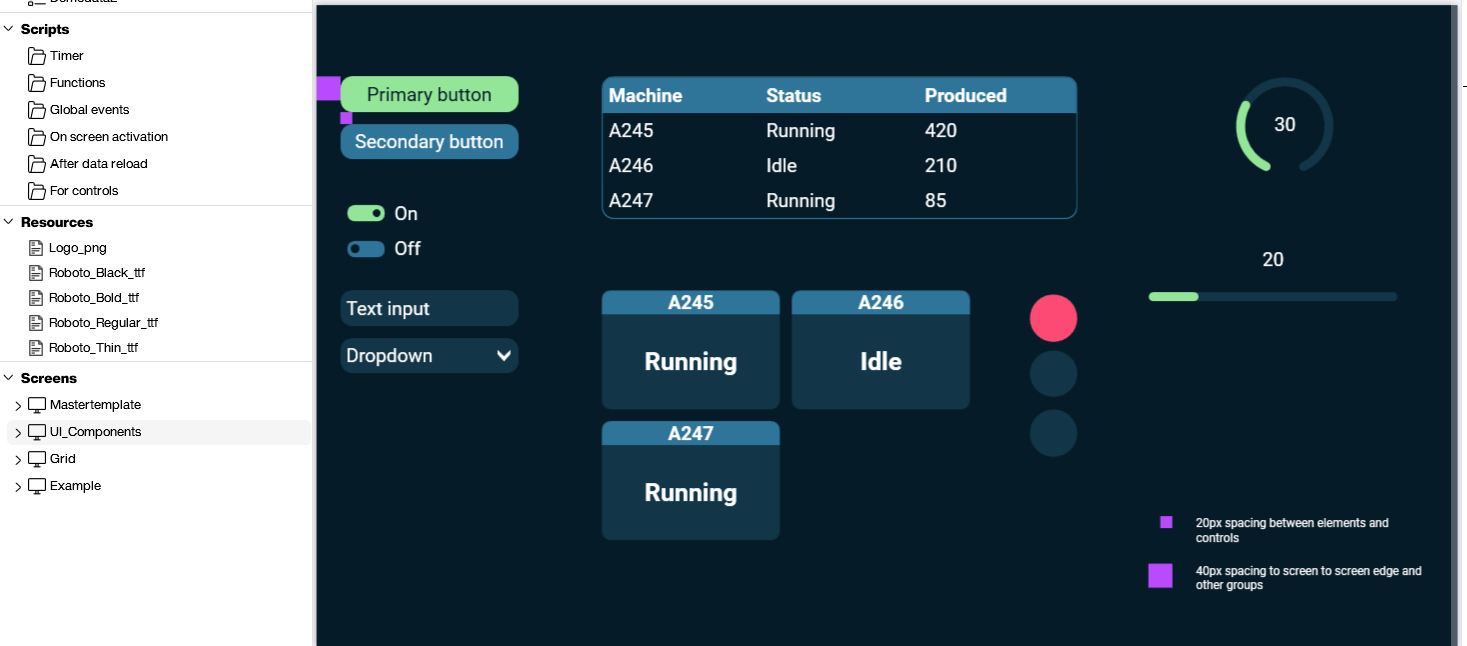 Peakboard UI-Komponenten-Übersicht mit Buttons, Schaltern, Dropdown, Tabellen und Statusanzeigen. Darstellung von Abständen und Layoutregeln.