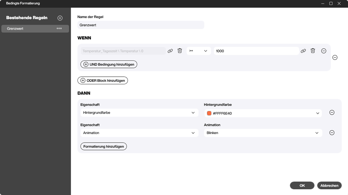 Im Peakboard Designer ermöglicht die bedingte Formatierung (Conditional Formatting) die visuelle Hervorhebung von Daten auf Basis definierter Regeln und Bedingungen. Dank der Low-Code Funktion können diese Regeln mühelos erstellt werden, ohne dass umfangreiche Programmierkenntnisse erforderlich sind.