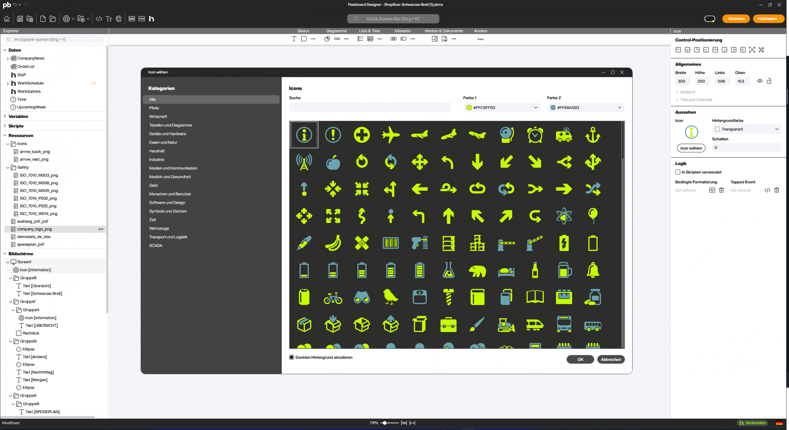 Benutzeroberfläche des Peakboard Designers mit geöffneter Icon-Auswahl. Anzeige von über 50 farblich anpassbaren Icons in Neonfarben auf dunklem Hintergrund, sortiert nach Kategorien wie Gesundheit, Transport, Energie und Kommunikation. Links Explorer-Baum mit Ressourcen, Variablen und Bildschirmelementen, rechts Einstellungen zur Icon-Positionierung und -Formatierung.