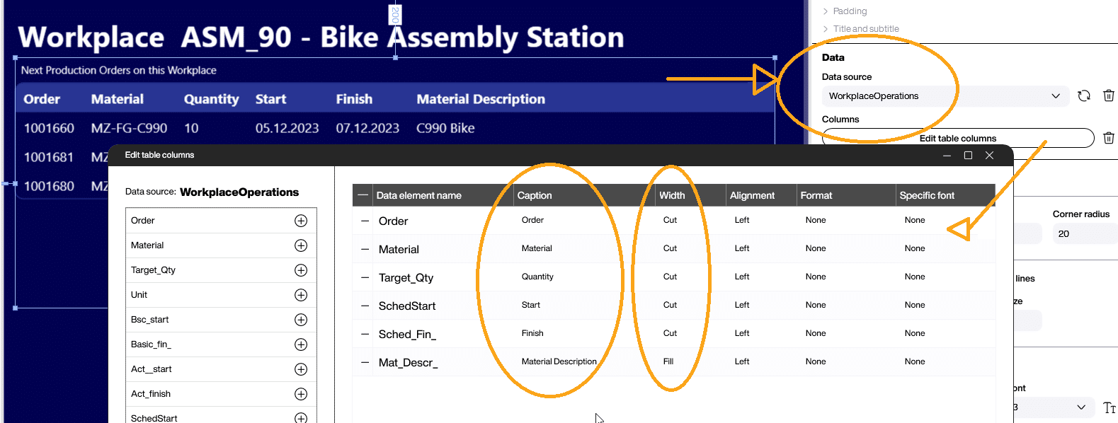 Screenshot im Peakboard Designer: Tabelle mit den Operationen des Arbeitsplatzes aus dem SAP System.