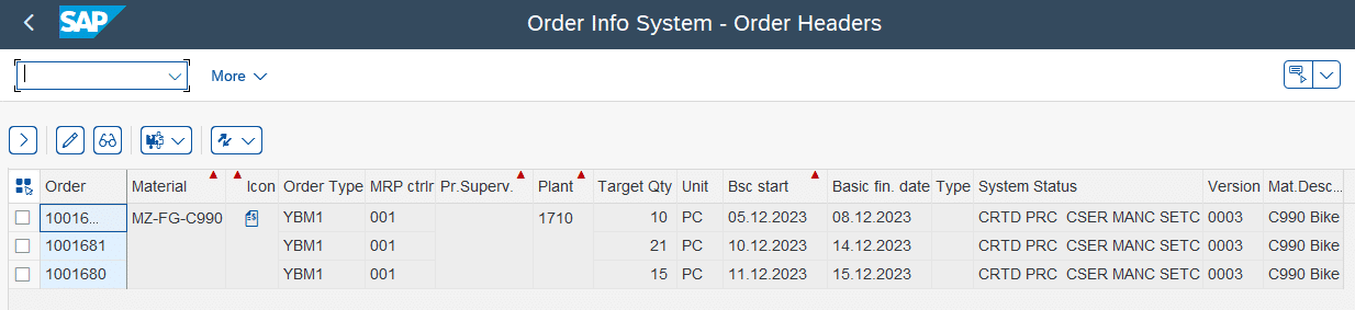 Screenshot von SAP: Order Info System. Daten werden gefiltert.