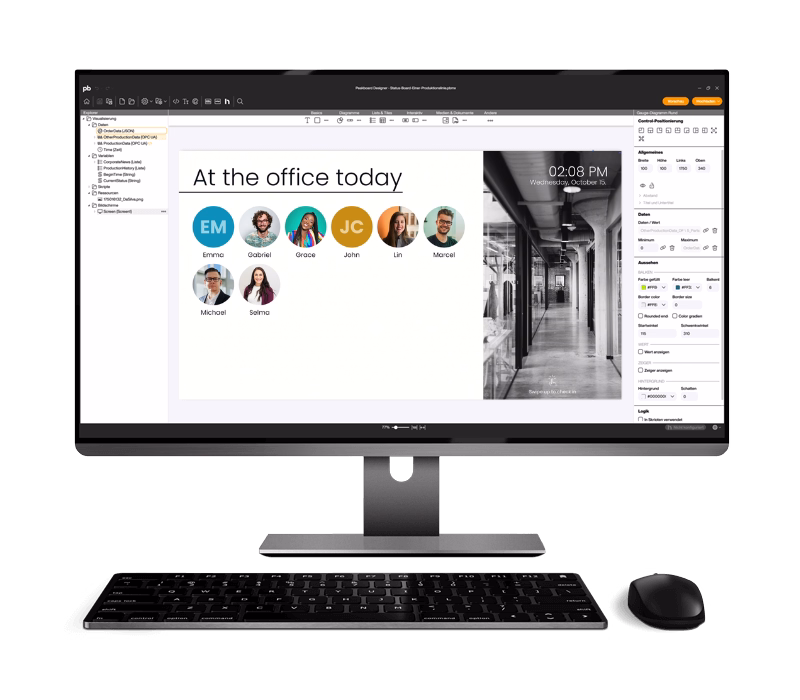 Visitor interacting with touch-screen check-in device at office front desk