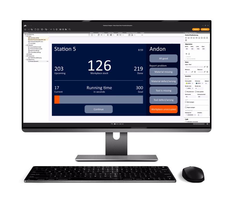 Close-up of single-user production board showing touchscreen interface and customizable control widgets