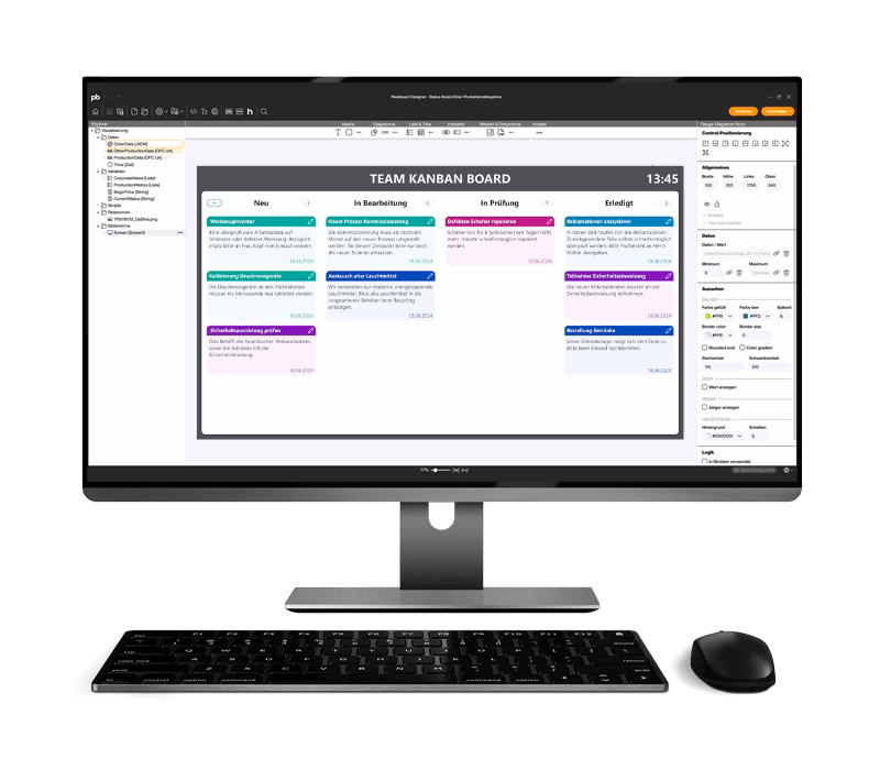 Close-up of interactive Kanban interface with draggable task cards and color-coded columns