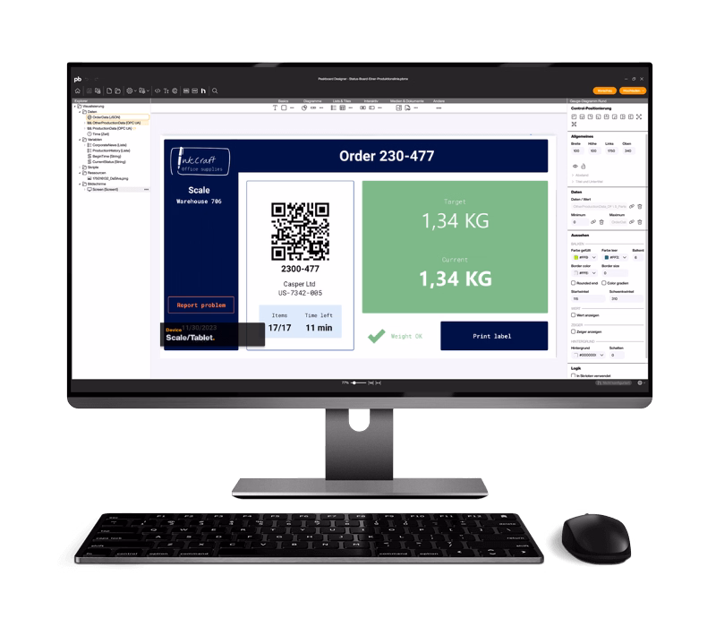 Tablet displaying paperless order-picking app with pick lists, barcode icons, and progress indicators