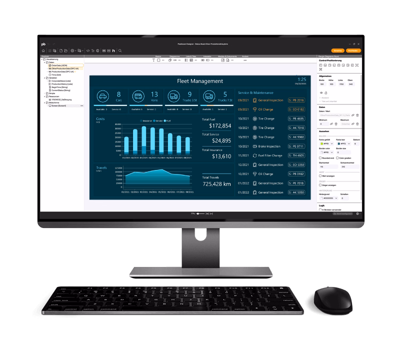 Tablet showing a digital fleet management dashboard with vehicle locations, routes, and performance metrics