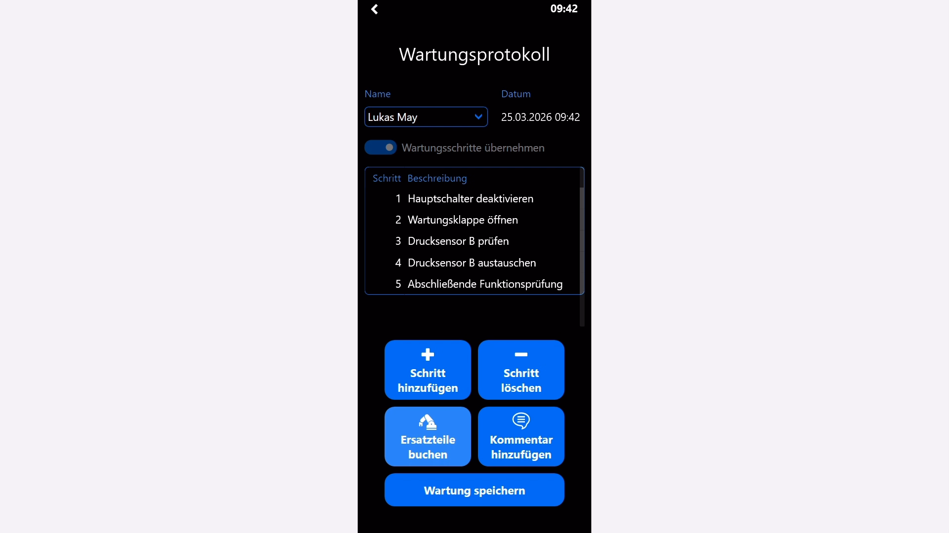 Peakboard Handheld-App auf Tablet zeigt Wartungs- und Reparaturfunktionen für Maschinen im Shopfloor mit QR-Code-Zugriff.