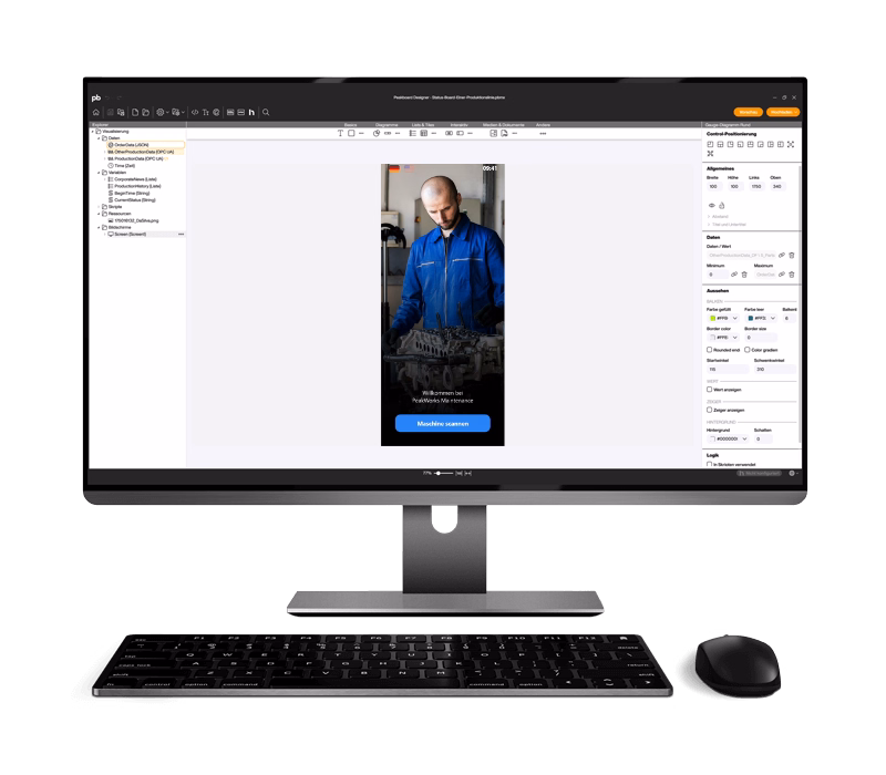 Peakboard Designer zeigt mobile Wartungs-App auf Tablet für Instandhaltung, Reparatur und QR-Code-Zugriff im Shopfloor.