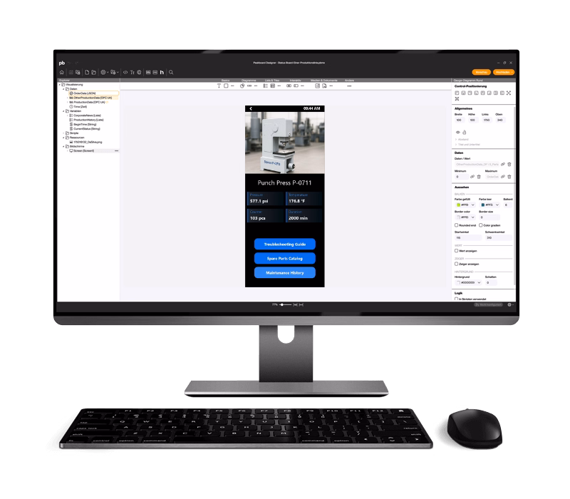 Peakboard Designer showcases a mobile maintenance app on a tablet for maintenance, repairs, and QR code access on the shop floor.
