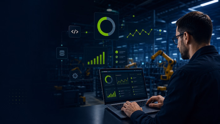 Mitarbeiter analysiert Produktionsdaten auf einer digitalen Shopfloor-Management-Anwendung mit Echtzeit-Kennzahlen, Maschinenstatus und Leistungsanalysen in einer Smart Factory.
