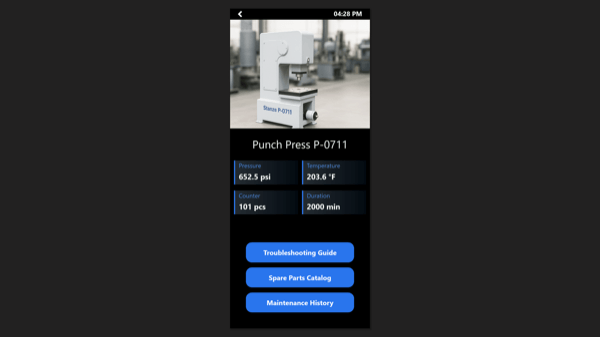 Peakboard handheld app on tablet showing maintenance and repair functions for a punch press machine