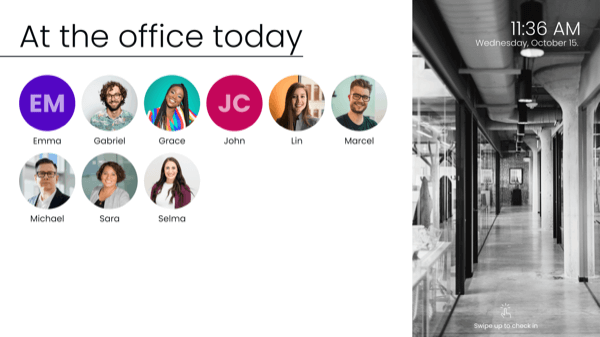Peakboard office check-in app showing employees currently present in the office