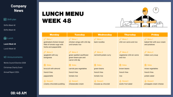 Peakboard digital bulletin board displaying company news and weekly lunch menu
