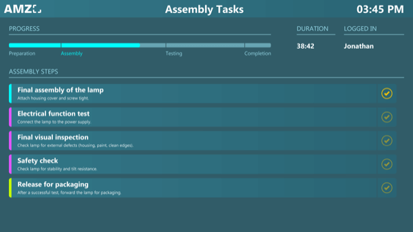 Peakboard digital assembly instructions app showing step-by-step task list for workers