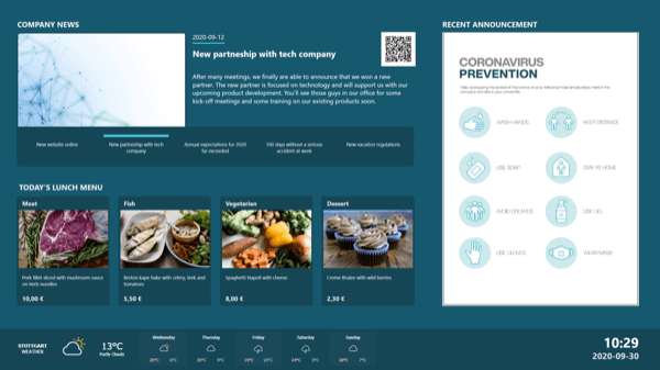 Peakboard digital bulletin board connected to OneDrive showing downtime tracker data