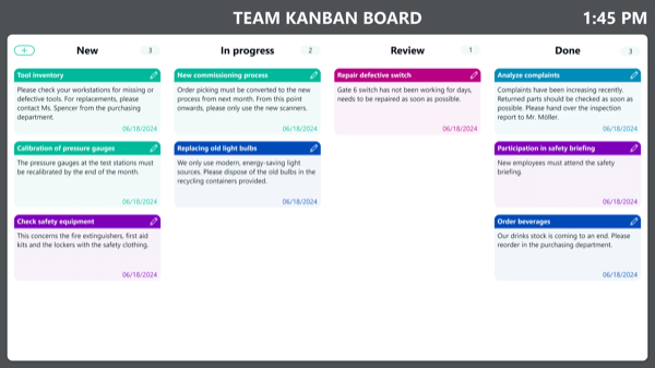 Peakboard interactive Kanban board showing tasks organized in status columns