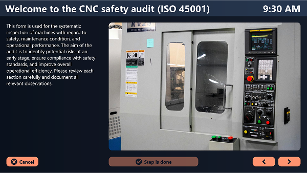 Peakboard digital audit reporting app showing a CNC machine safety checklist