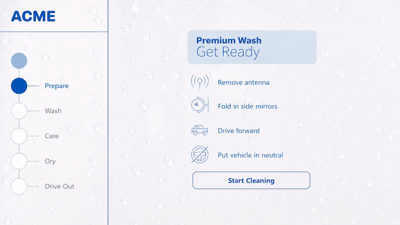 Peakboard digital workflow application with interactive step-by-step instructions for a vehicle wash process. The touch-enabled operator interface guides users through each process step, ensuring standardized procedures, improved user experience, and effic