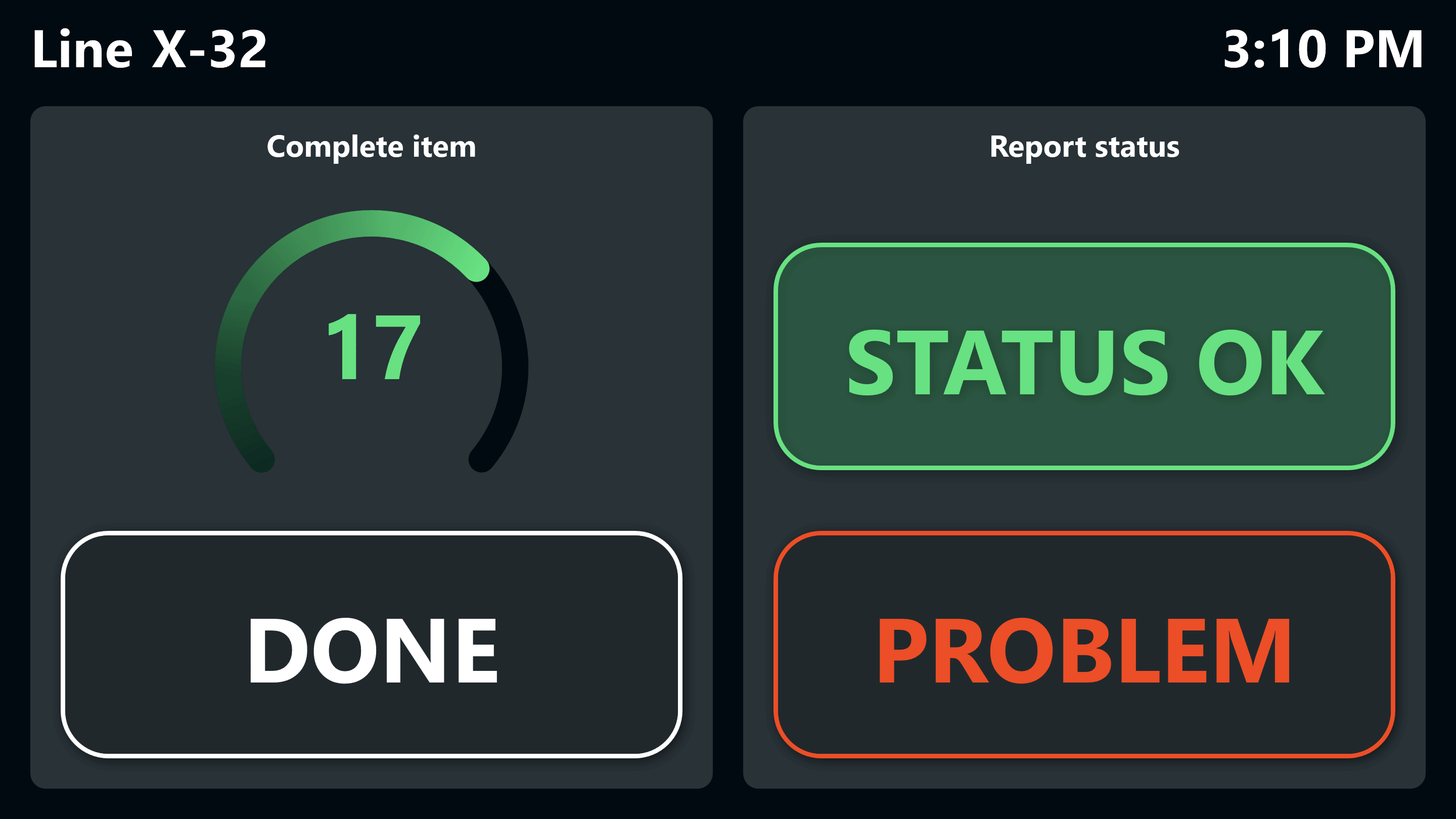 Peakboard simple digital call system showing workplace status with done and problem buttons