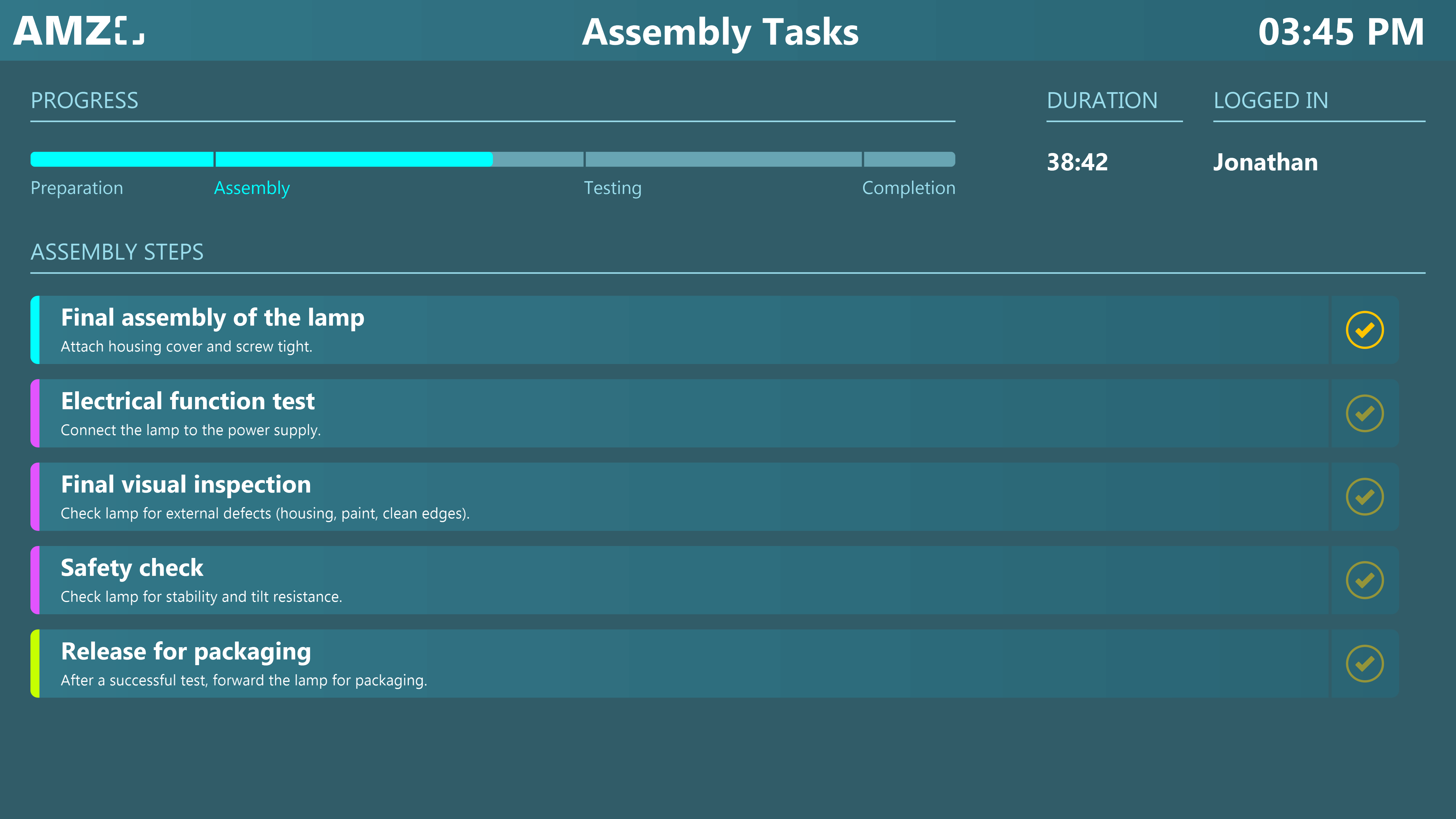 Peakboard digital assembly instructions app showing step-by-step task list for workers