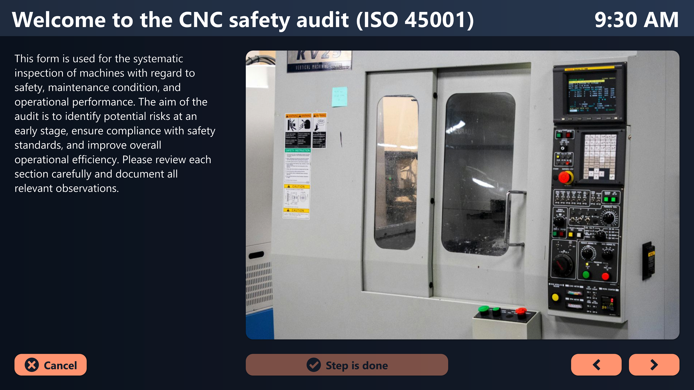 Peakboard digital audit reporting app showing a CNC machine safety checklist