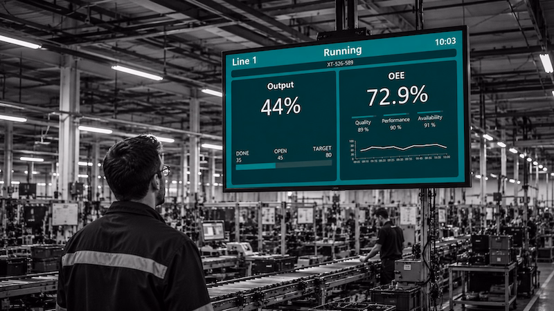 Peakboard dashboard of a production line with OPC UA machine data in real time.