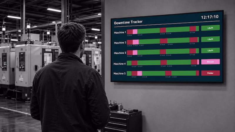 Peakboard Downtime-Tracking-Dashboard mit Maschinenstatus und Stillstandszeiten in der Fertigung.