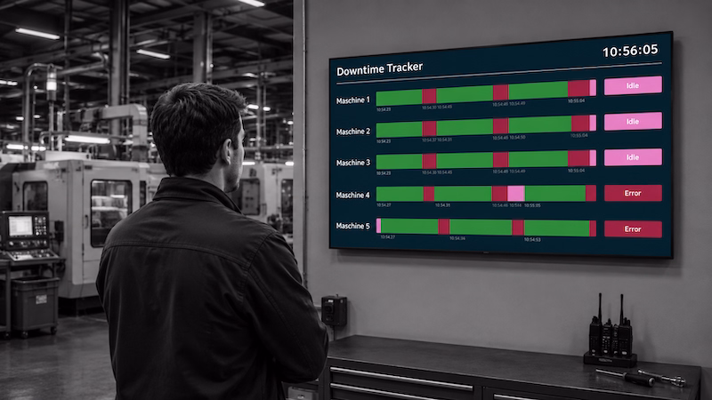Peakboard downtime tracking dashboard showing machine status and downtime in a factory.