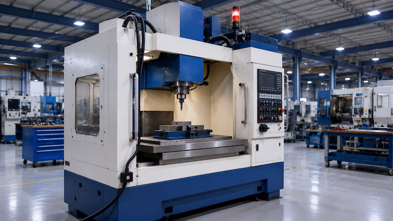 Older CNC machine in a bright factory, monitored with Peakboard via a power sensor.